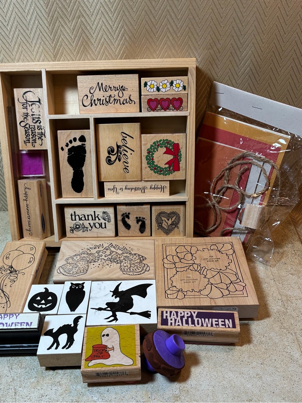 Wooden Craft Stamp Storage Tray with Assorted Rubber Stamps -